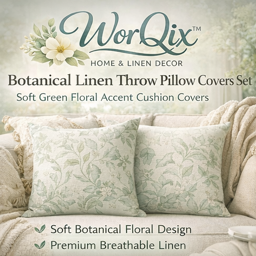 WorQix™ Botanical Linen Throw Pillow Covers Set – Soft Green Floral Accent Cushion Covers for Living Room, Couch, Bedroom Decor