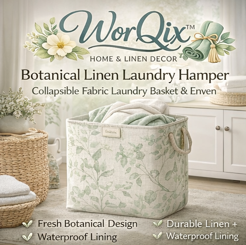 WorQix™ Botanical Linen Laundry Hamper – Collapsible Fabric Laundry Basket with Soft Green Floral Design for Bedroom, Bathroom Organization