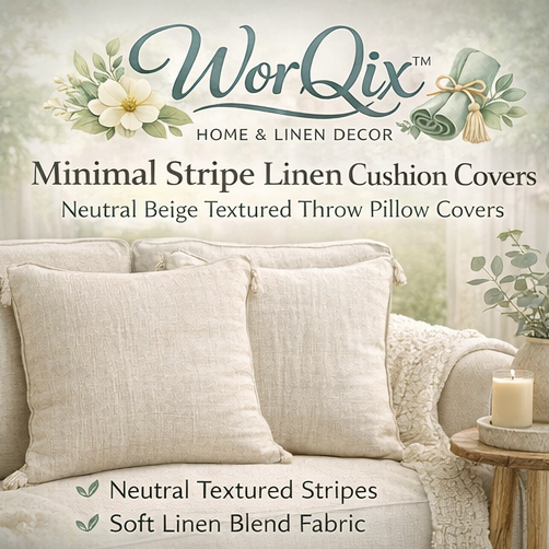 WorQix™ Minimal Stripe Linen Cushion Covers – Neutral Beige Textured Throw Pillow Covers for Sofa, Modern Farmhouse Home Decor