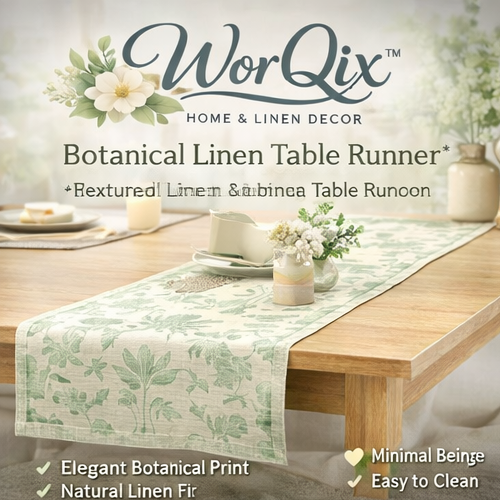 WorQix™ Botanical Linen Table Runner – Soft Green Floral Table Runner for Dining Table, Farmhouse Kitchen Decor, Spring Home Styling