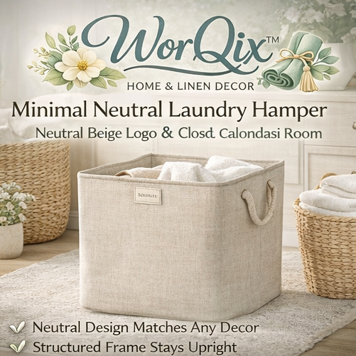 WorQix™ Minimal Neutral Laundry Hamper – Beige Linen Clothes Basket with Structured Frame for Closet, Modern Home Organization