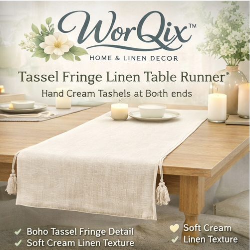 WorQix™ Tassel Fringe Linen Table Runner – Soft Cream Boho Table Runner with Hand-Tied Tassels for Dining Table Decor