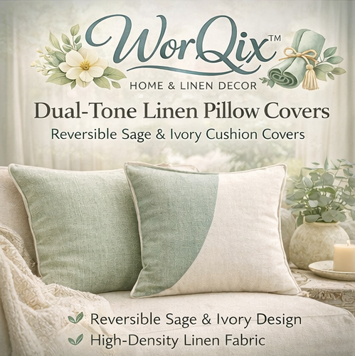 WorQix™ Dual-Tone Linen Pillow Covers – Reversible Sage & Ivory Cushion Covers for Sofa, Bed, Contemporary Home Styling