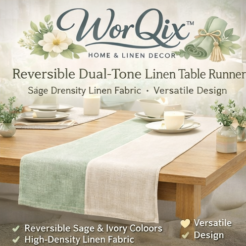 WorQix™ Reversible Dual-Tone Linen Table Runner – Sage & Ivory Modern Table Runner for Dining Table, Seasonal Home Decor