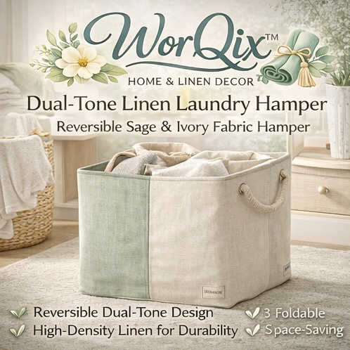 WorQix™ Dual-Tone Linen Laundry Hamper – Reversible Sage & Ivory Fabric Clothes Basket for Modern Home Organization